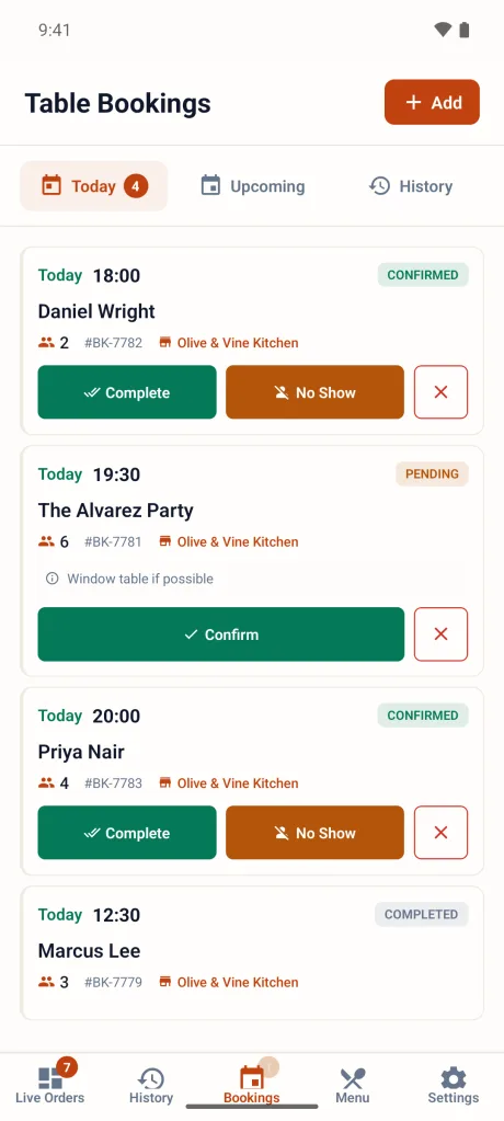 PlatesReady Order Manager on a phone — table bookings.