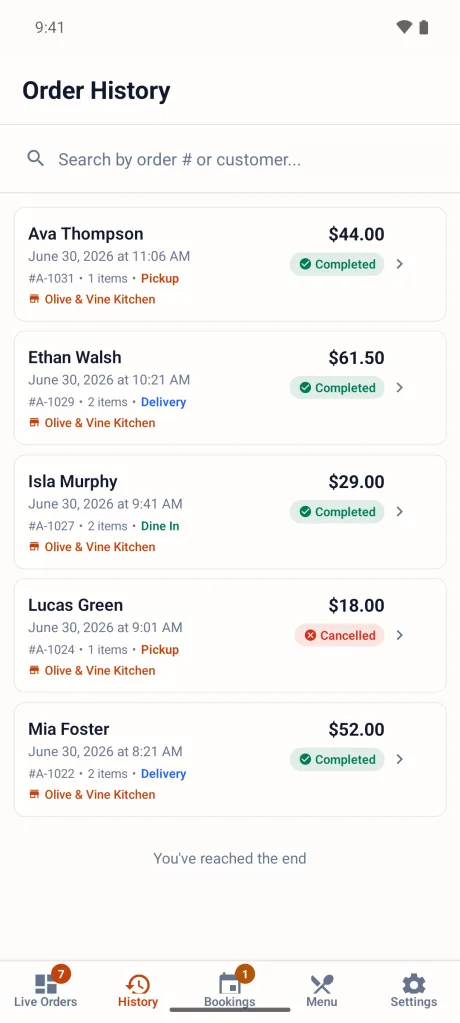 PlatesReady Order Manager on a phone — order history.