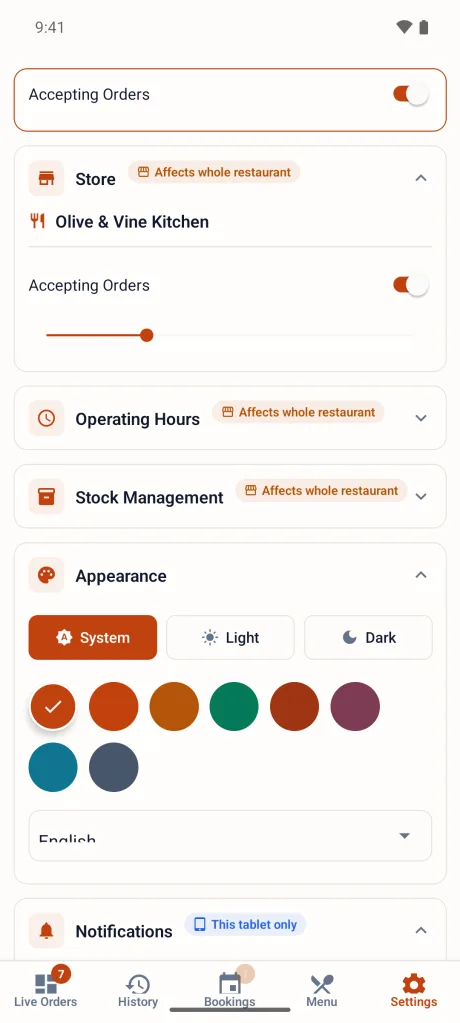 PlatesReady Order Manager on a phone — restaurant settings.