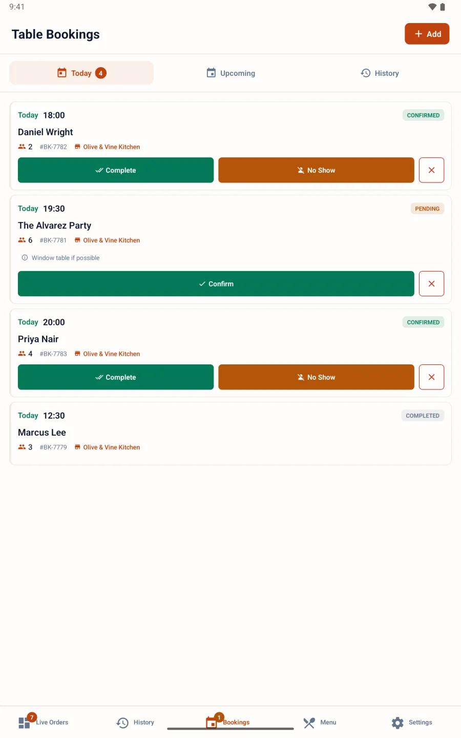 PlatesReady Order Manager on a tablet — table bookings for the day.