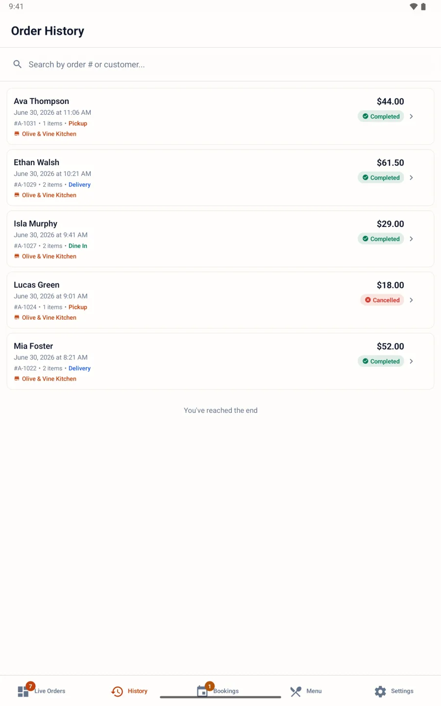 PlatesReady Order Manager on a tablet — searchable order history.