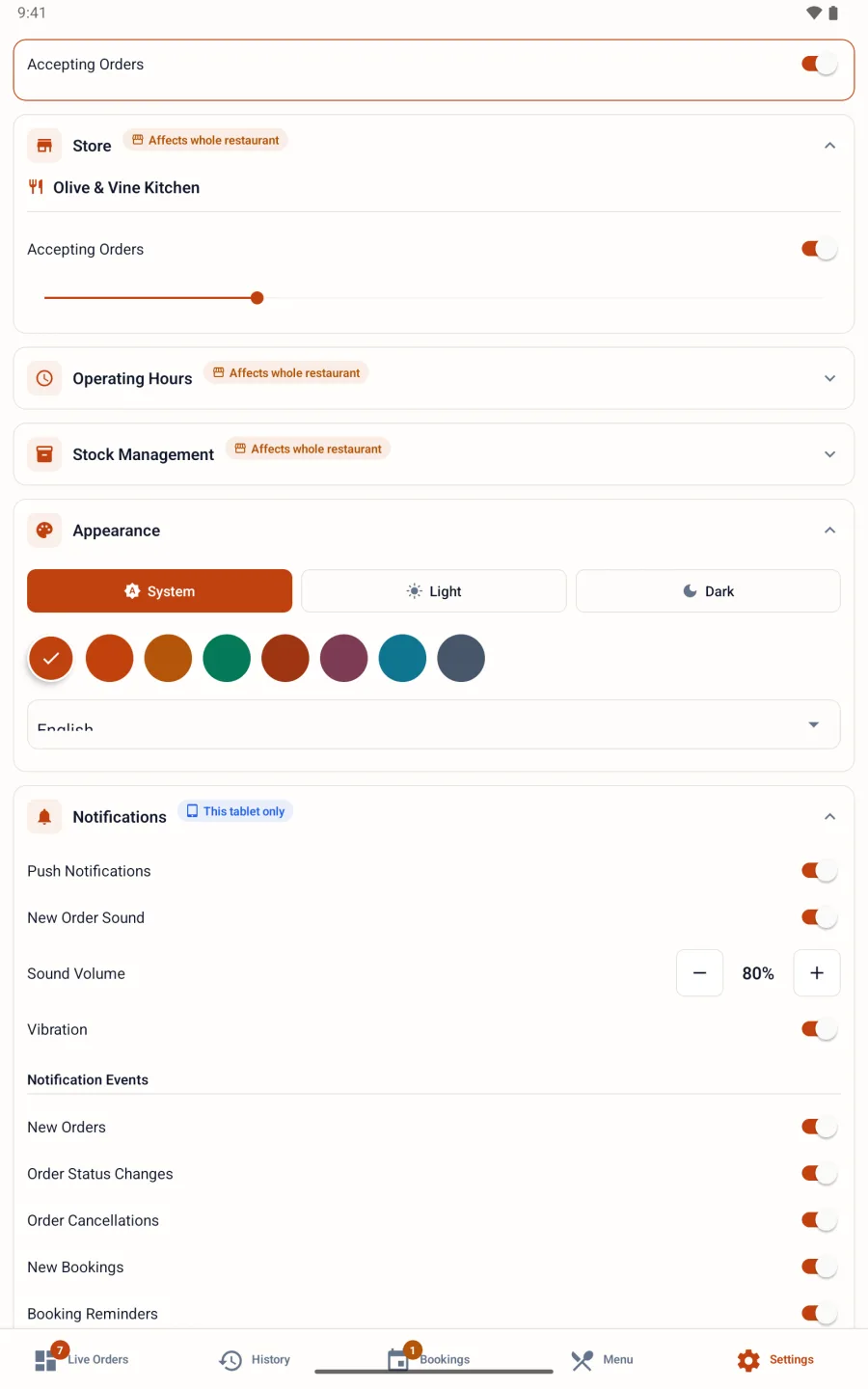PlatesReady Order Manager on a tablet — restaurant settings.