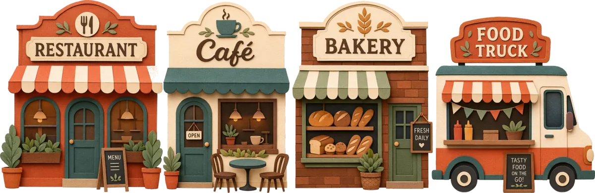 Cut-paper illustration of a row of food businesses — a restaurant with an awning, a café, a bakery, and a food truck.