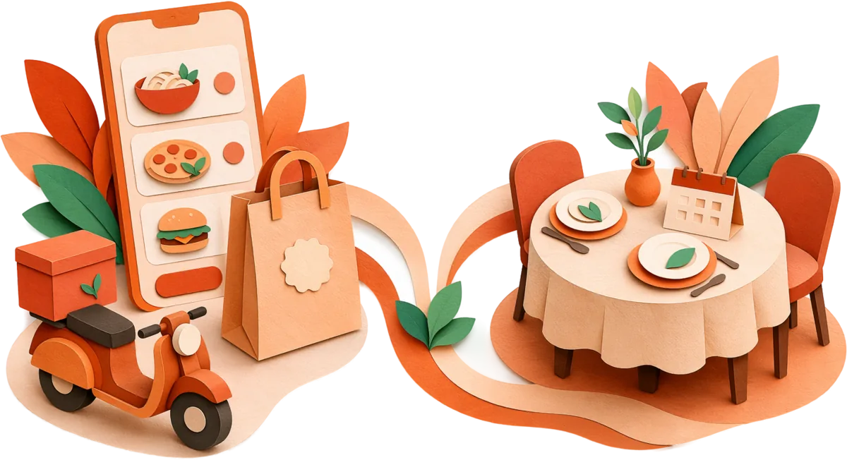 Cut-paper illustration of two journeys — a phone, delivery scooter and takeout bag on one path, and a set dining table on the other, joined by a flowing ribbon.