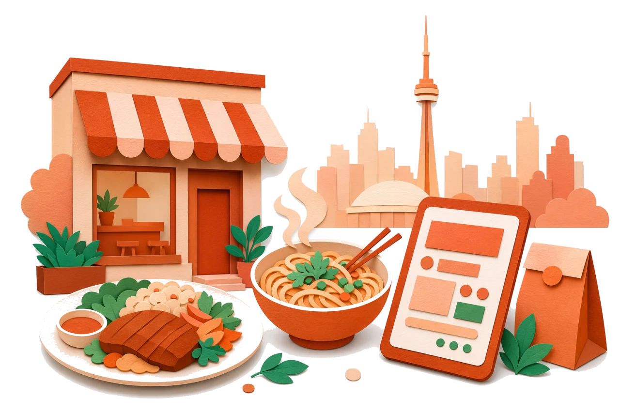 Cut-paper illustration of the Platesready platform — a restaurant storefront, plated food and a noodle bowl, a tablet taking an order, a delivery bag and a reservation calendar, with the Toronto skyline and CN Tower.