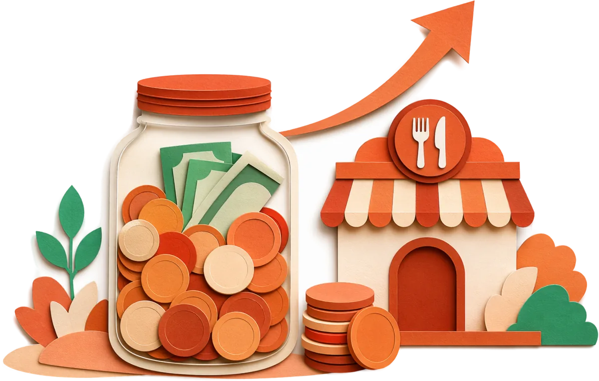 Cut-paper illustration of a jar of coins beside a restaurant storefront with an upward growth arrow.