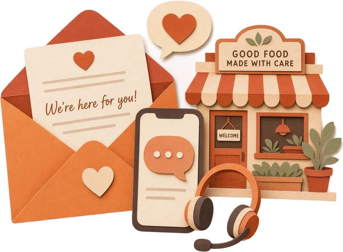 Cut-paper illustration of an open envelope reading 'We're here for you', a phone with a chat bubble, a headset, and a friendly storefront.
