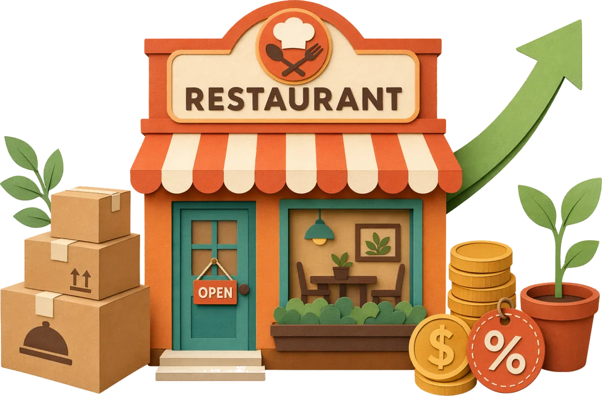 Cut-paper illustration of an easy switch to Platesready — moving boxes arriving at a bright, welcoming restaurant storefront, with saved coins, a percent tag, a growing sprout, and an upward growth arrow.