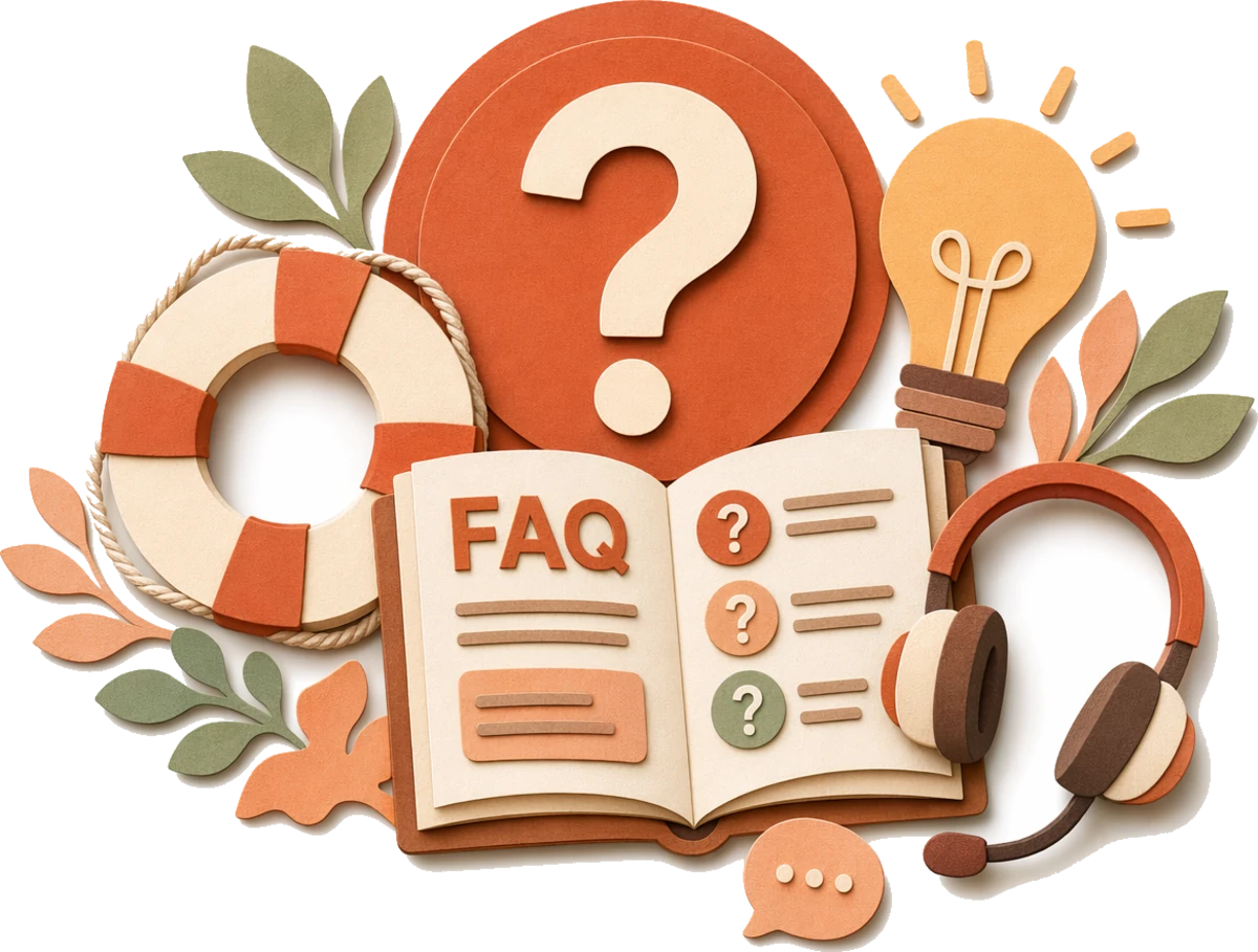 Cut-paper illustration of a help and support scene — an FAQ book, a question-mark badge, a life-buoy, a lightbulb, and a headset.