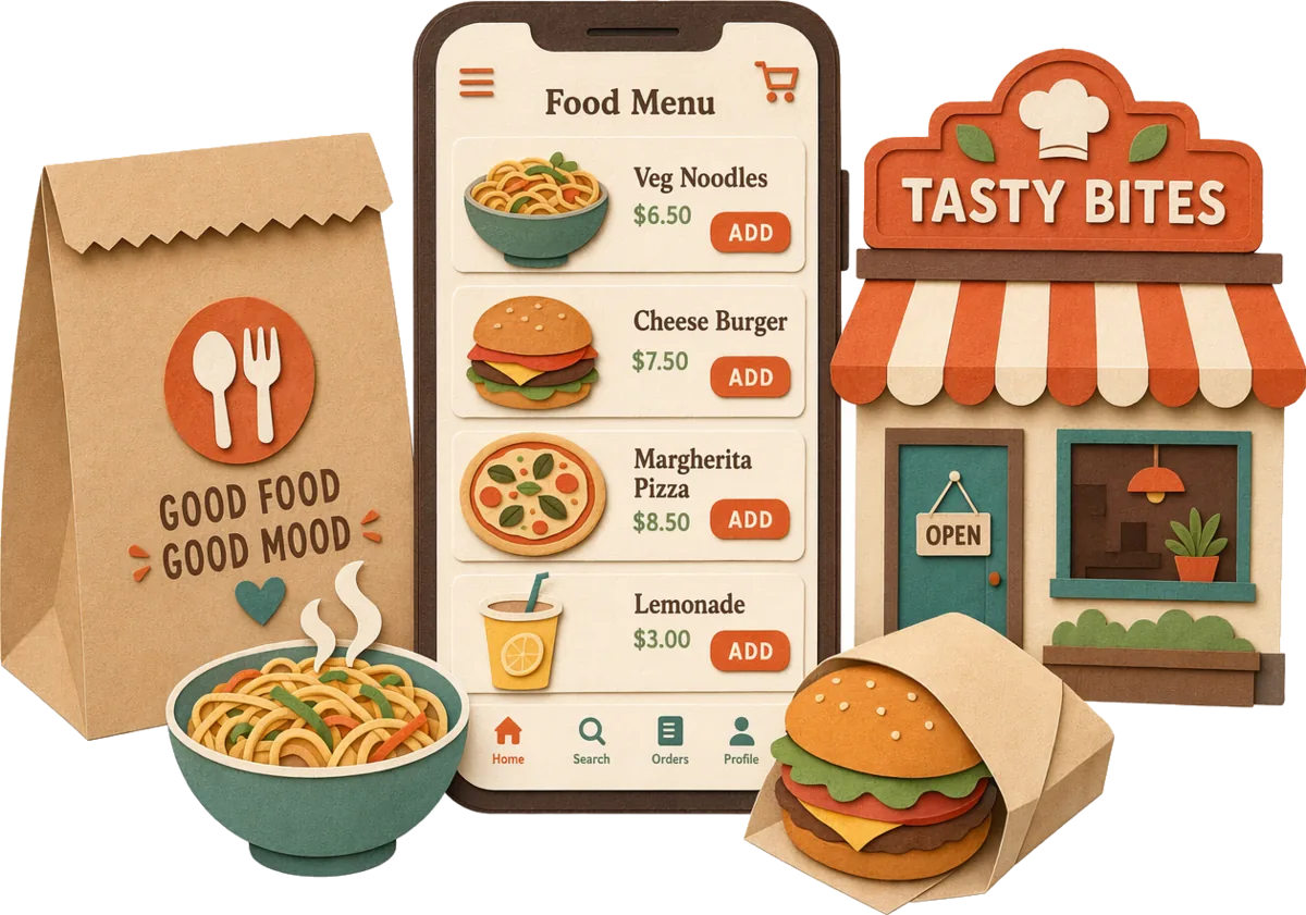 Cut-paper illustration of online ordering — a smartphone showing a food menu, a takeout bag, a noodle bowl, a wrapped burger, and a restaurant storefront.