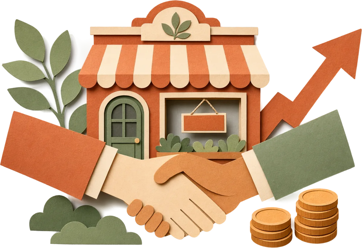 Cut-paper illustration of a partnership — two hands shaking in front of a cheerful restaurant storefront with an upward growth arrow, coins, and a leafy plant.