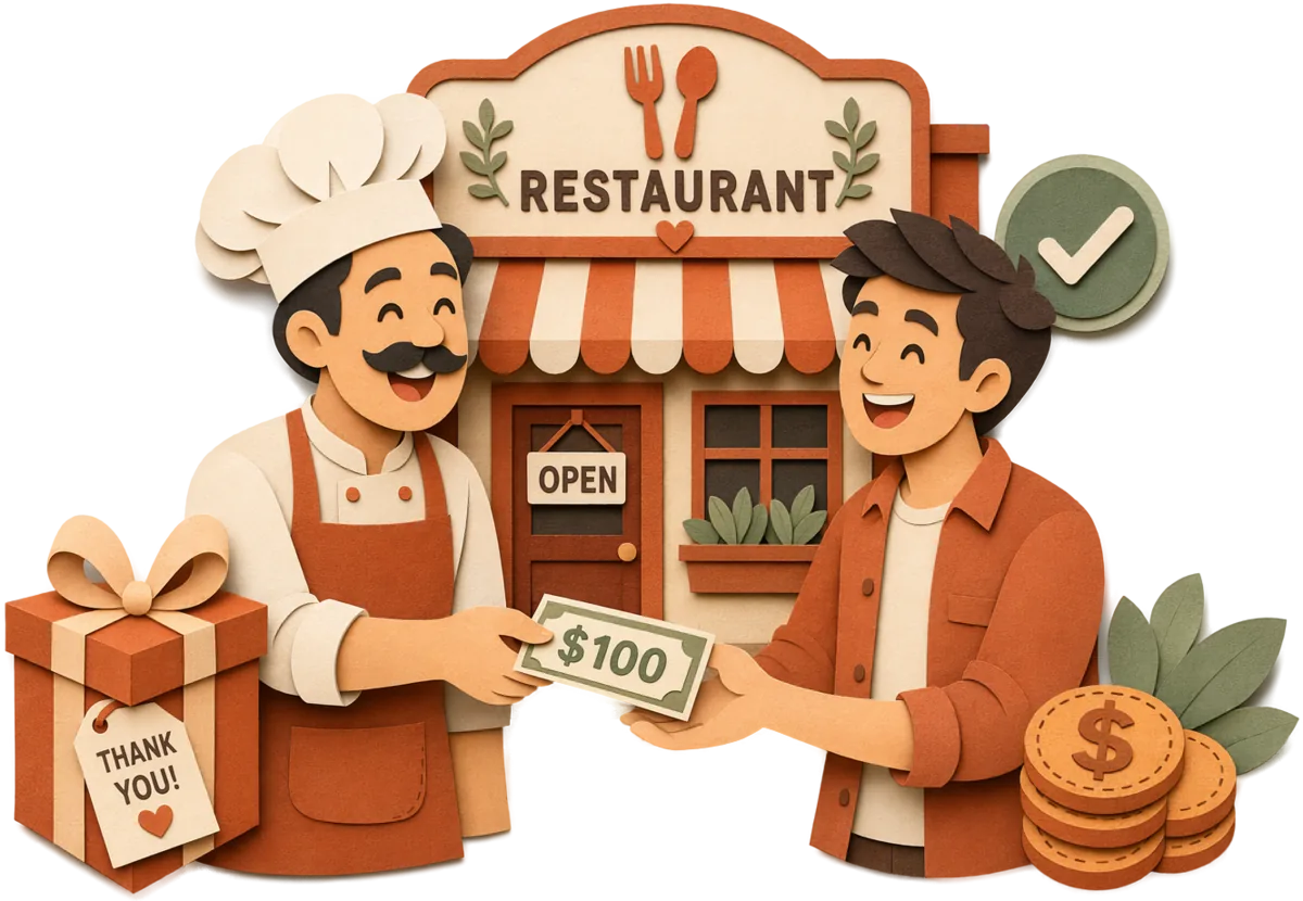 Cut-paper illustration of a restaurant owner handing a $100 reward to a friend, with a gift box, coins and a green checkmark.