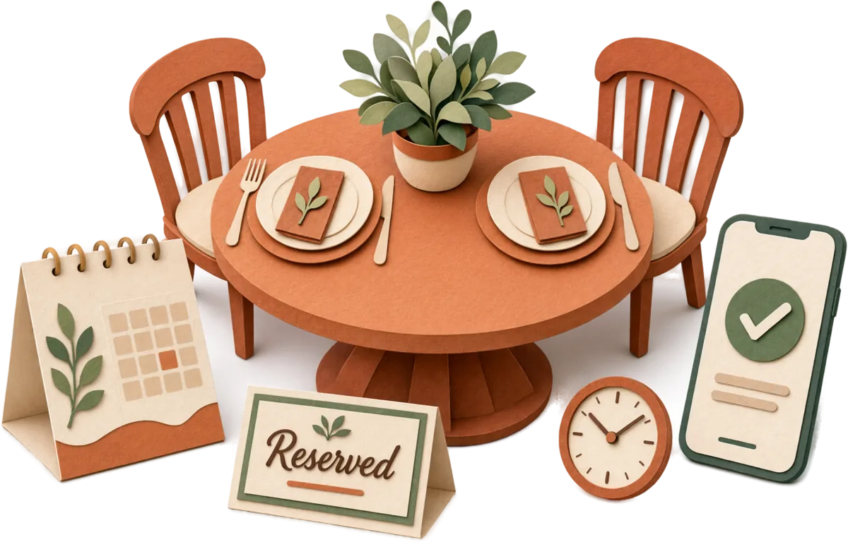 Cut-paper illustration of a reservation scene — a set dining table with two chairs, a calendar card, a Reserved table sign, a clock, and a phone showing a booking confirmation.